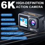 Action Camera 6K 60FPS – 50MP, Touchscreen Dual Display, WiFi, Stabilizzazione EIS, Zoom 5X, Impermeabile 30M