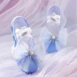 Ludancky - Scarpe da Ballo per Bambini con Fiore di Raso e Pizzo, Suola Morbida, Artiglio di Gatto, per Balletto e Yoga - immagine 4