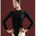 Body da Balletto per Donna – Leotard con Manica Lunga e Colletto Rialzato, Costume da Danza con Dettagli in Pizzo - immagine 3