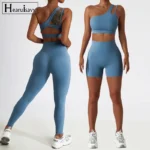 Hearuisavy - Tuta da Allenamento Scrunch 2 Pezzi Donna, Set da Yoga con Reggiseno Sportivo e Pantaloncini Fitness