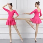 Body da Ballo per Donna con Gonna in Chiffon, Costume Professionale per Balletto, in Cotone e Poliestere, Colore Rosso e Rosa - immagine 3