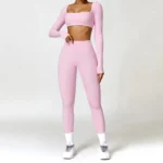 2 Pezzi Set da Yoga con Maniche Lunghe | Tuta Sportiva da Donna | Set da Allenamento Asciugatura Rapida per Fitness e Yoga | Leggings Push-Up a Vita Alta - immagine 2