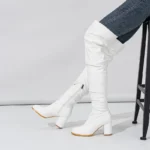 Eilyken Stivali sopra il ginocchio da donna in pelle verniciata invernale Moda discoteca Stivaletti con cerniera punta tonda Scarpe da donna con tacco alto quadrato - immagine 3