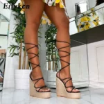 Eilyken – Sandali con Zeppa Oro Champagne con Lacci e Cinturino alla Caviglia