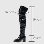 Eilyken Stivali sopra il ginocchio da donna in pelle verniciata invernale Moda discoteca Stivaletti con cerniera punta tonda Scarpe da donna con tacco alto quadrato - immagine 6