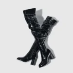 Eilyken Stivali sopra il ginocchio da donna in pelle verniciata invernale Moda discoteca Stivaletti con cerniera punta tonda Scarpe da donna con tacco alto quadrato - immagine 5