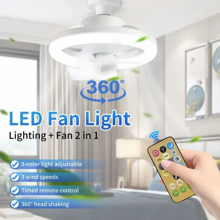 Ventilatore da Soffitto con Luce LED E27 – Testa Girevole a 360° con Telecomando - immagine 1