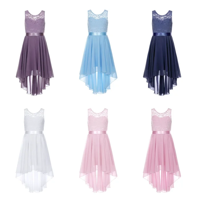 TiaoBug – Abito Principessa in Chiffon per Ragazze con Pizzo Floreale, Orlo Asimmetrico per Feste e Danza Lirica - immagine 6