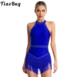 TiaoBug – Body da danza latina con frange e strass per donna, senza maniche, schiena scoperta, perfetto per samba, tango e pattinaggio artistico
