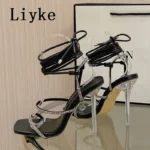 Liyke – Sandali Trasparenti con Tacco a Spillo e Cinturino Incrociato, Punta Quadrata e Cristalli, per Cerimonie e Serate Eleganti - immagine 4