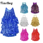 TiaoBug – Costume da danza jazz e latino con paillettes per bambine, body tutù corto a collo all’americana per spettacoli scenici