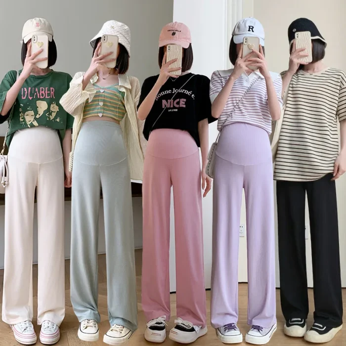 LineaMamma – Pantaloni Premaman a Gamba Larga con Strisce Verticali, Comodi e Versatili - immagine 2
