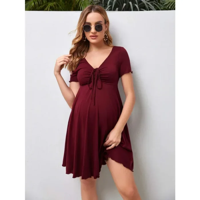 Soffio di Cotone – Abito Premaman Estivo a Colore Puro con Scollo a V, Taglie Comode - immagine 1