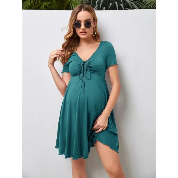 Soffio di Cotone – Abito Premaman Estivo a Colore Puro con Scollo a V, Taglie Comode - immagine 3