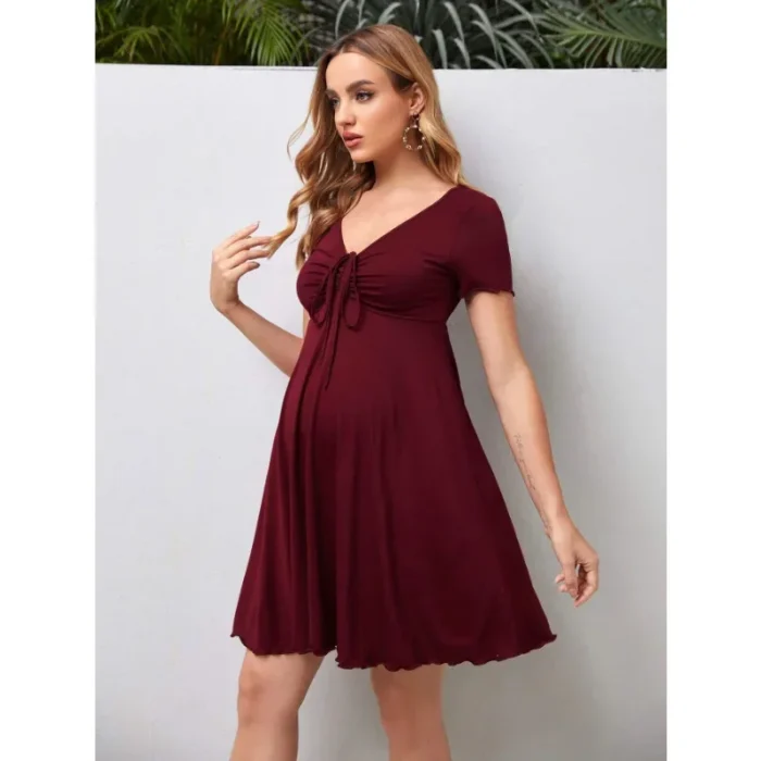 Soffio di Cotone – Abito Premaman Estivo a Colore Puro con Scollo a V, Taglie Comode - immagine 2