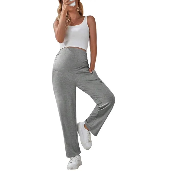 DDAXMM – Pantaloni Premaman Elasticizzati a Gamba Larga con Copertura Totale della Pancia e Tasche - immagine 2