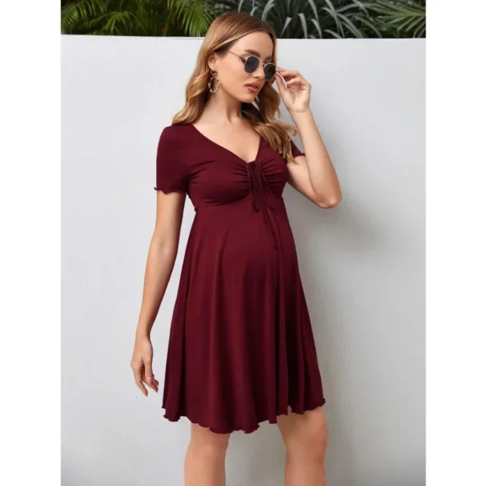 Soffio di Cotone – Abito Premaman Estivo a Colore Puro con Scollo a V, Taglie Comode - immagine 4