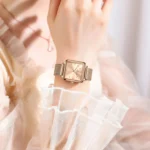 POEDAGAR – Orologio da donna quadrato in acciaio inox con cinturino a maglia impermeabile al quarzo - immagine 5