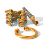 Doyours – Anello aperto vintage in acciaio inox con turchese e occhio di tigre placcato oro 18K