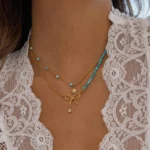 Doyours – Collana girocollo a doppio strato in acciaio inox blu turchese con fiore in zircone