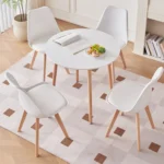 EGOONM – Set Tavolo da Pranzo Rotondo in Legno con 4 Sedie Imbottite in PU, Stile Nordico Moderno