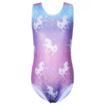 Body ginnastica bambina blu viola con cavallo cartoon