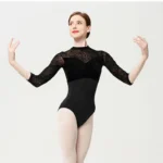 Body danza donna nero con maniche in rete floccata - immagine 3