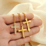 Collana croce oro con zirconi in acciaio inox unisex - immagine 2