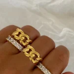 Anello donna catena cubana larga in acciaio dorato