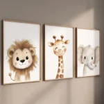 Set 3 stampe safari nursery leone giraffa elefante - immagine 3