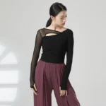 Top da ballo donna a maniche lunghe con inserti in rete