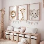 Set 3 stampe safari nursery leone giraffa elefante