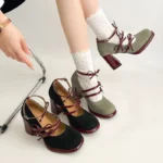 Scarpe Mary Jane donna con tacco spesso e fiocco