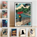 Poster giapponese vintage con fiore di ciliegio e tempio