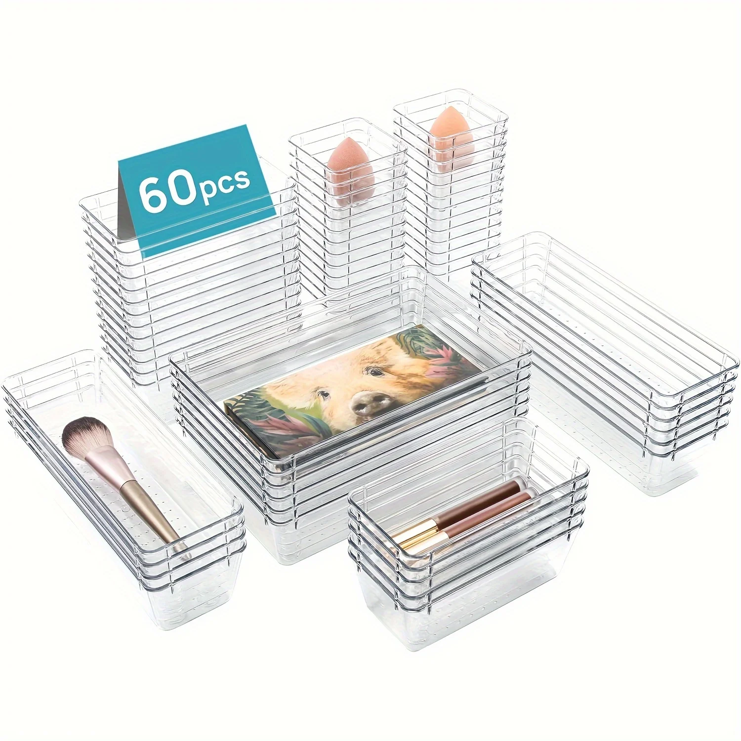 kf-S96f09a9c9e0046a68981ff1f8df880d6G Set 60 organizer trasparenti per cassetti e bagno - immagine 1