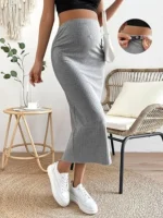 Gonna premaman lunga a vita alta in maglia a coste - immagine 3