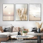Set 3 stampe mare beige su tela per soggiorno
