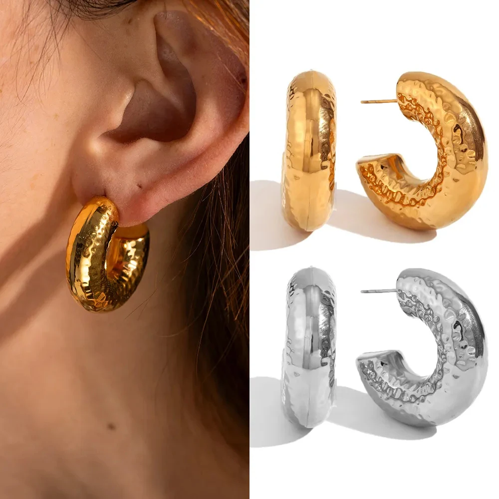 kf-Se293b5399caf40b4bee43d7de2459261w Orecchini a cerchio grossi in acciaio inox martellato - immagine 1