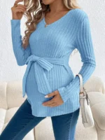 Maglia premaman a maniche lunghe con cintura e scollo a V - immagine 5